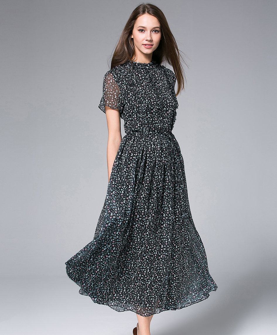 Dress - Black Printed Chiffon Maxi Dress